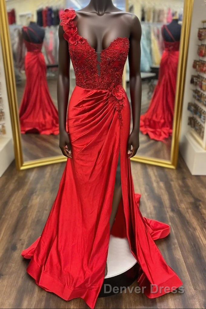 Red One Shoulder 3D Floral Lace Pleated Long Gowns with Slit Main image