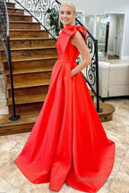 Red One Shoulder Bow Tie Satin Prom Dresses with Pockets