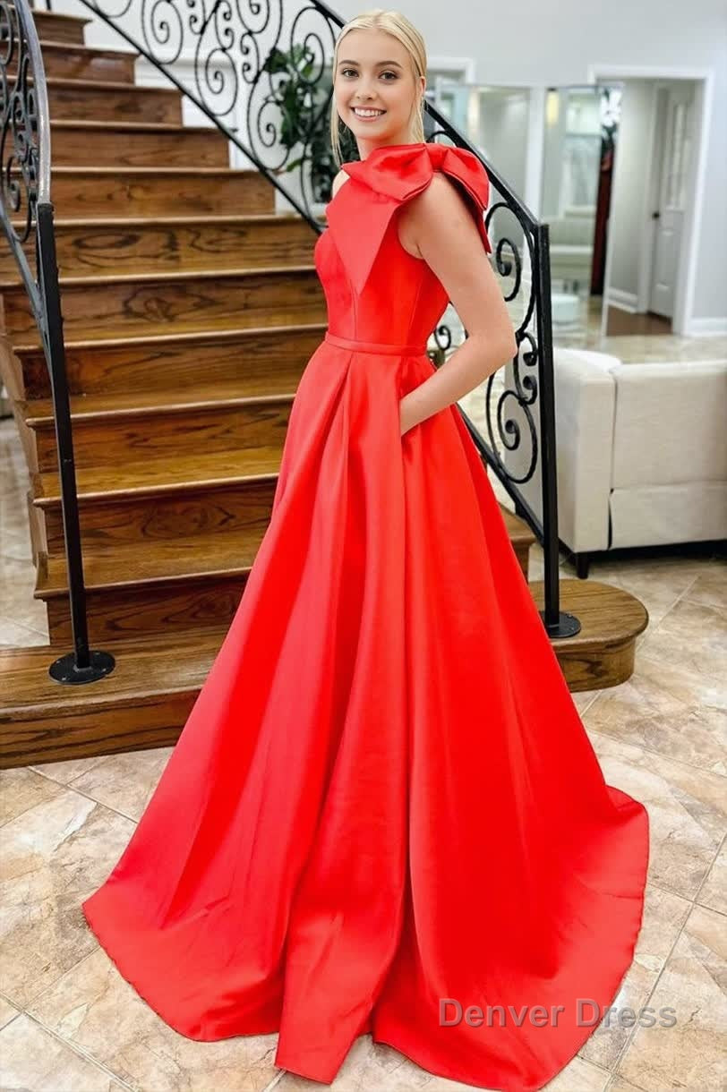 Red One Shoulder Bow Tie Satin Prom Dresses with Pockets