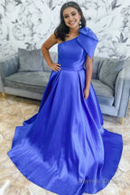 Red One Shoulder Bow Tie Satin Prom Dresses with Pockets