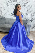 Red One Shoulder Bow Tie Satin Prom Dresses with Pockets
