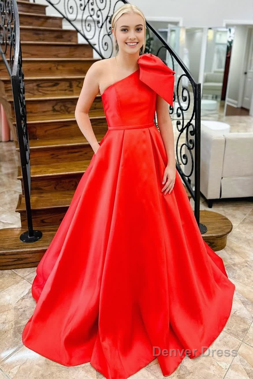 Red One Shoulder Bow Tie Satin Prom Dresses with Pockets