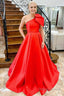 Red One Shoulder Bow Tie Satin Prom Dresses with Pockets