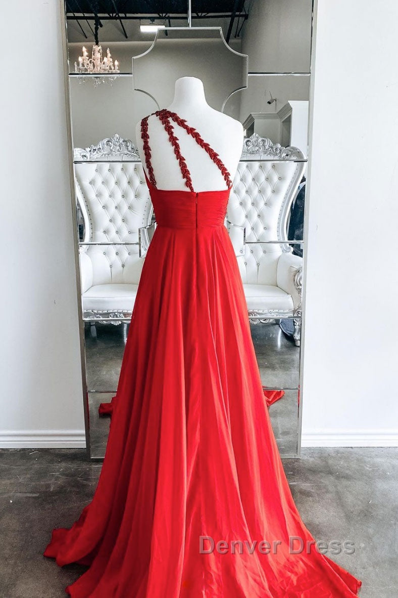 Red one shoulder long prom Dress red Prom Dresses