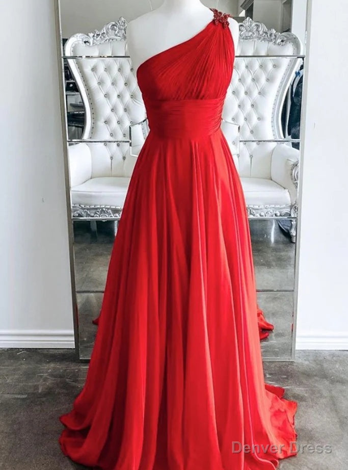 Red One Shoulder Pleats Prom Dresses Main image