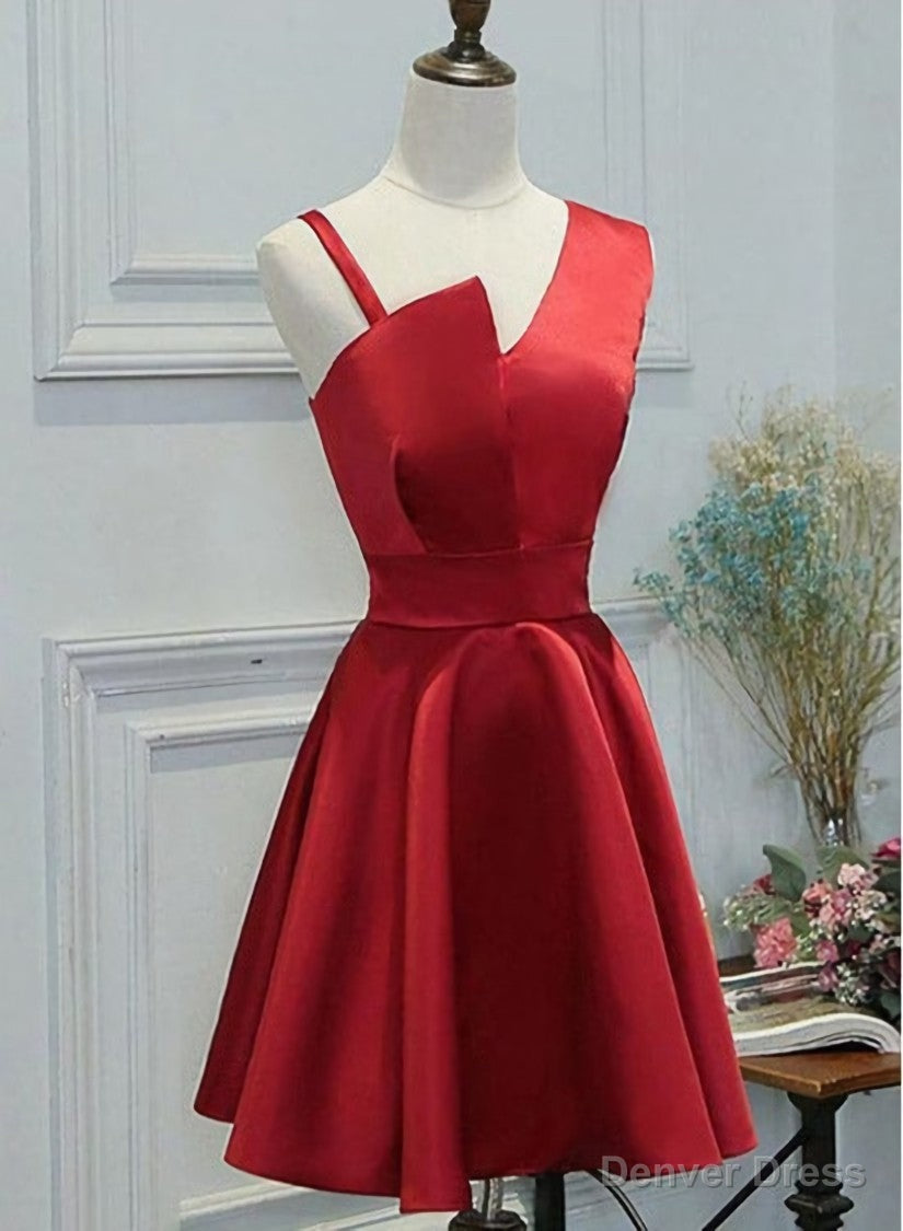 Red One Shoulder Satin Knee Length Homecoming Dress Prom Dress, Short Prom Dress