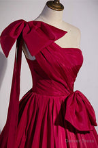 Red One Shoulder Satin Long Prom Dress, A Line Prom Dresses