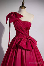 Red One Shoulder Satin Long Prom Dress, A Line Prom Dresses
