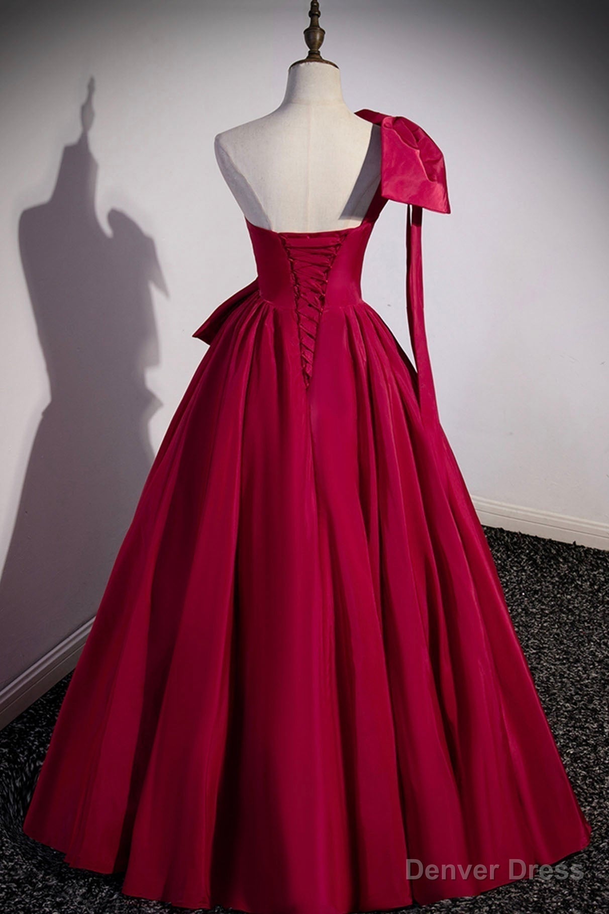 Red One Shoulder Satin Long Prom Dress, A Line Prom Dresses