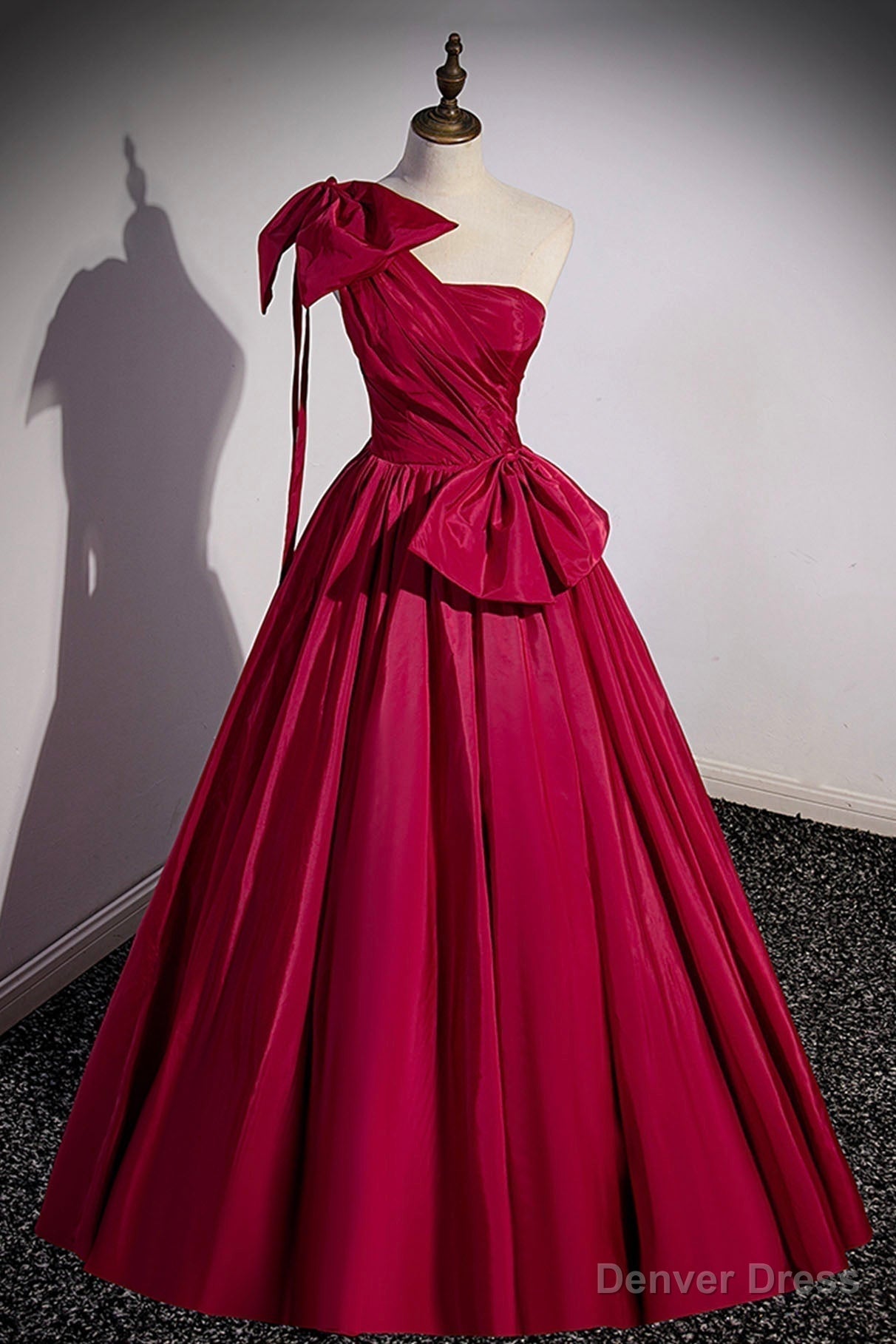 Red One Shoulder Satin Long Prom Dress, A Line Prom Dresses