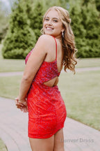 Red Open Back Sequins Tight Homecoming Dresses