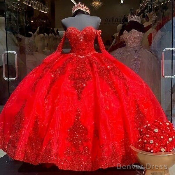 Red Organza Sweet 16 Quinceanera Dresses Sequins Applique Beaded Sweetheart Ball Gowns