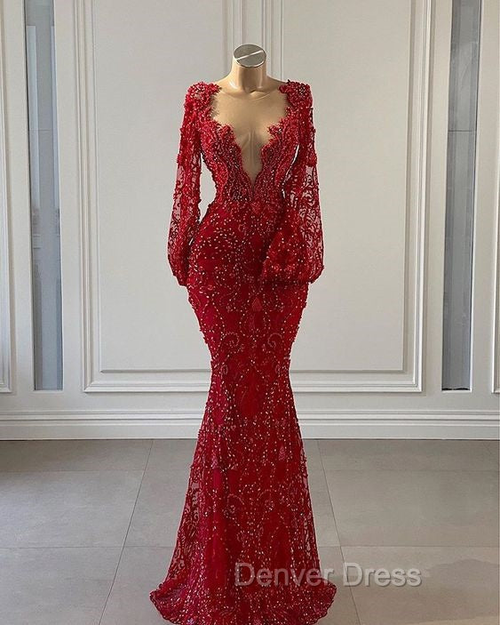 Red Prom Dresses Long Prom Dresses Long Sleeve Lace Mermaid Evening Gowns Main image