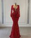 Red Prom Dress Long Prom Dresses Long Sleeve Lace Mermaid Prom Gown