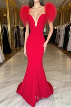 Red Prom Dresses Mermaid V Neck Long Party Evening Dresses with Feathers