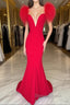 Red Prom Dresses Mermaid V Neck Long Party Evening Dresses with Feathers