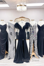 Red Prom Dresses Mermaid V Neck Long Party Evening Dresses with Feathers