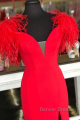 Red Prom Dresses Mermaid V Neck Long Party Evening Dresses with Feathers