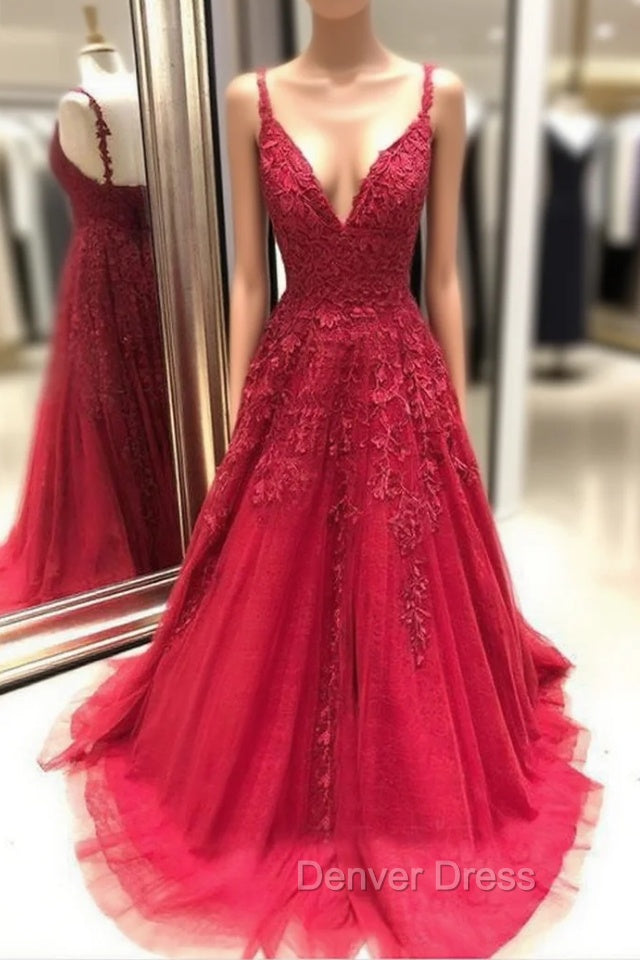 Red Prom Dresses, A-line/Princess V Neck Sleeveless Sweep Train Tulle Prom Dresses With Appliqued