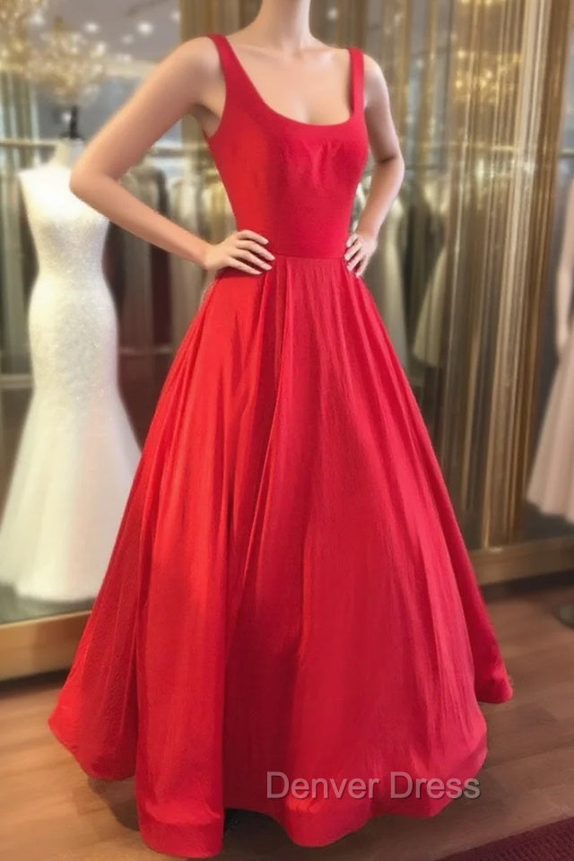 Red Prom Dresses, A-line Square Neckline Regular Straps Long/Floor-Length Satin Prom Dresses Main image