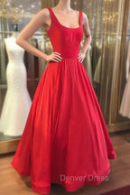 Red Prom Dresses, A-line Square Neckline Regular Straps Long/Floor-Length Satin Prom Dresses