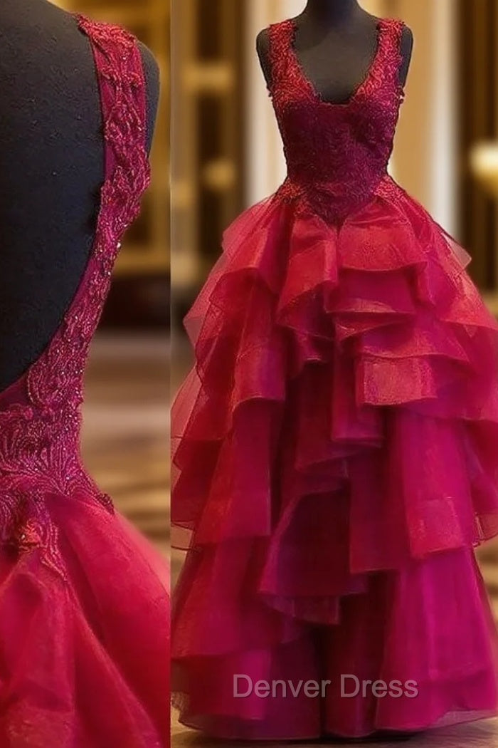 Red Prom Dresses, Ball Gown Square Neckline Sleeveless Long/Floor-Length Organza Prom Dresses With Ruffles Appliqued Beading Main image