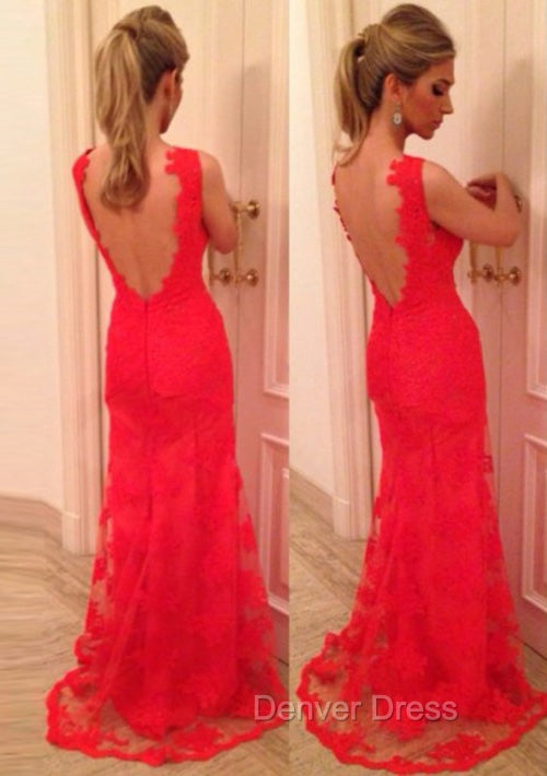 Red Prom Dress, Sheath Column V Neck Sleeveless Sweep Train Lace Prom Dresses With Appliqued Secondary image