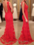 Red Prom Dress, Sheath Column V Neck Sleeveless Sweep Train Lace Prom Dresses With Appliqued