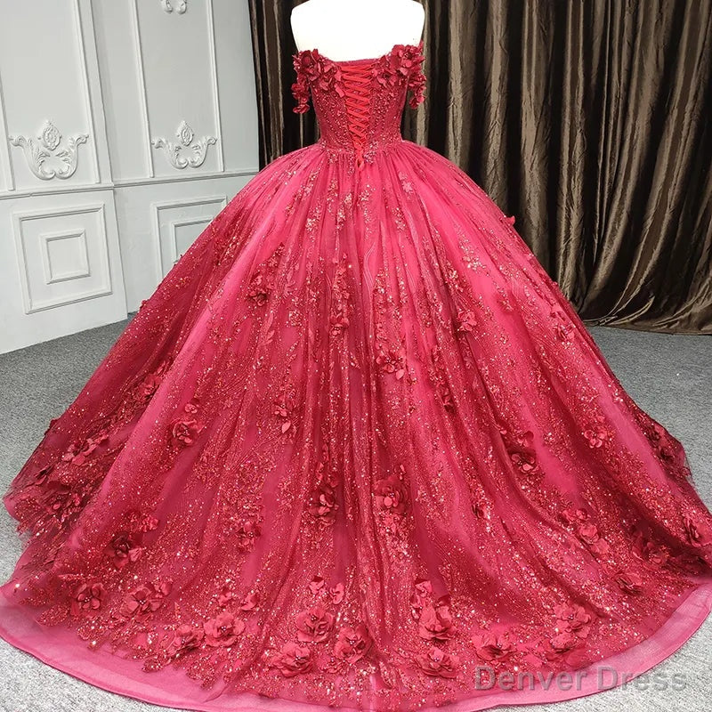 Red Quinceanera Dresses Ball Gowns Sequined Flowers