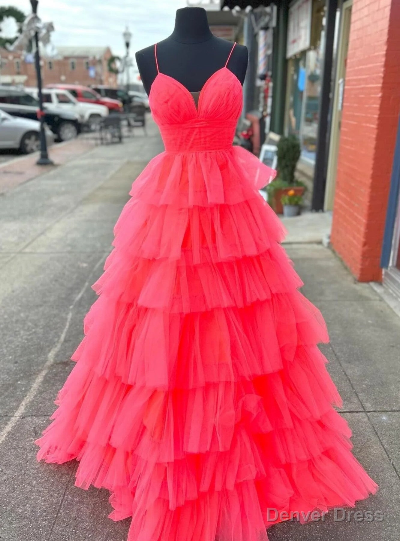 Red Red Spaghetti Straps Tiers Prom Dresses Main image