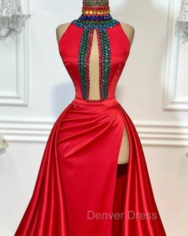 Red Robe De Soiree A-Line High Collar Satin Crystals Slit Sexy Long Prom Dresses Prom Gown Evening Dresses Secondary image