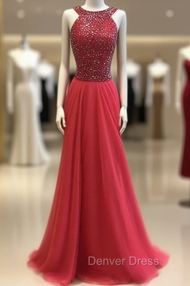 Red Round Neck Long Prom Dresses, Red Evening Dresses