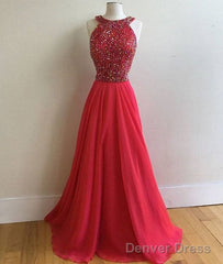 Red Round Neck Long Prom Dress, Red Evening Dress