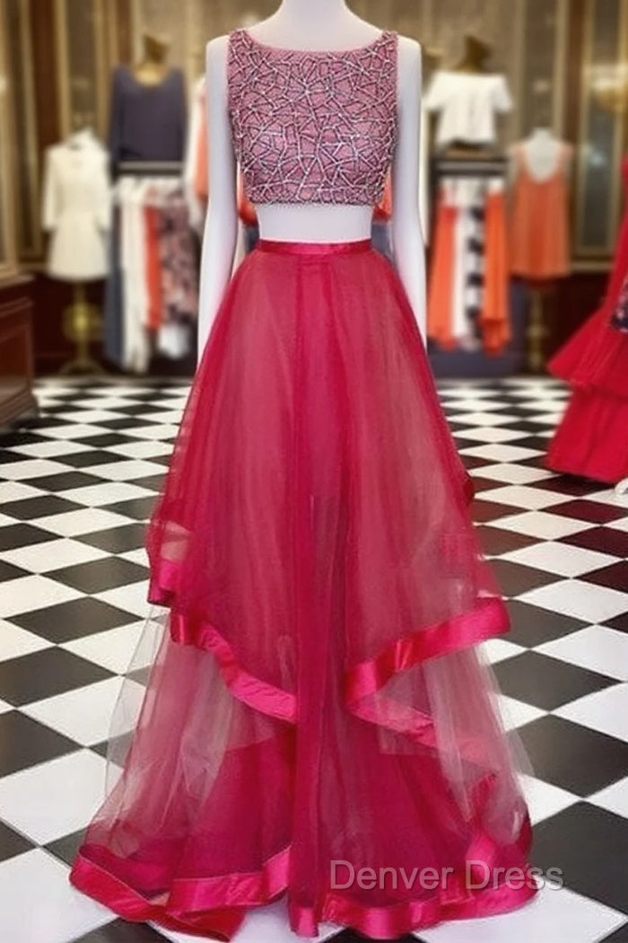 Red Round Neck Sequin Two Pieces Long Prom Dresses, Evening Dresses