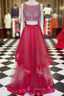 Red Round Neck Sequin Two Pieces Long Prom Dresses, Evening Dresses