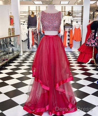 Red Round Neck Sequin Two Pieces Long Prom Dress, Evening Dress