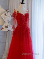 Red round neck tulle lace long prom Dress, red Prom Dresses