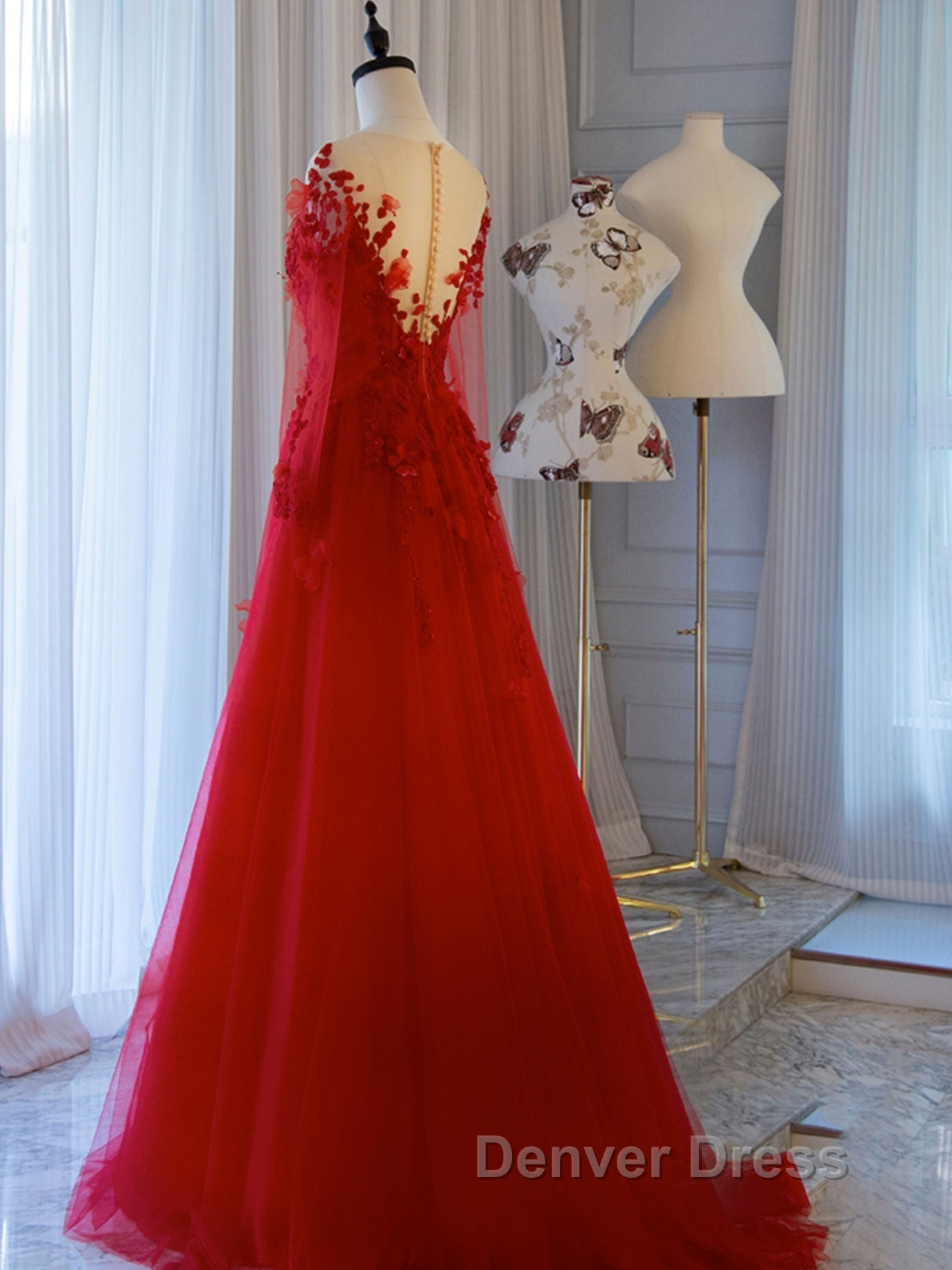 Red round neck tulle lace long prom Dress, red Prom Dresses