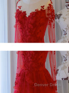 Red round neck tulle lace long prom Dress, red Prom Dresses