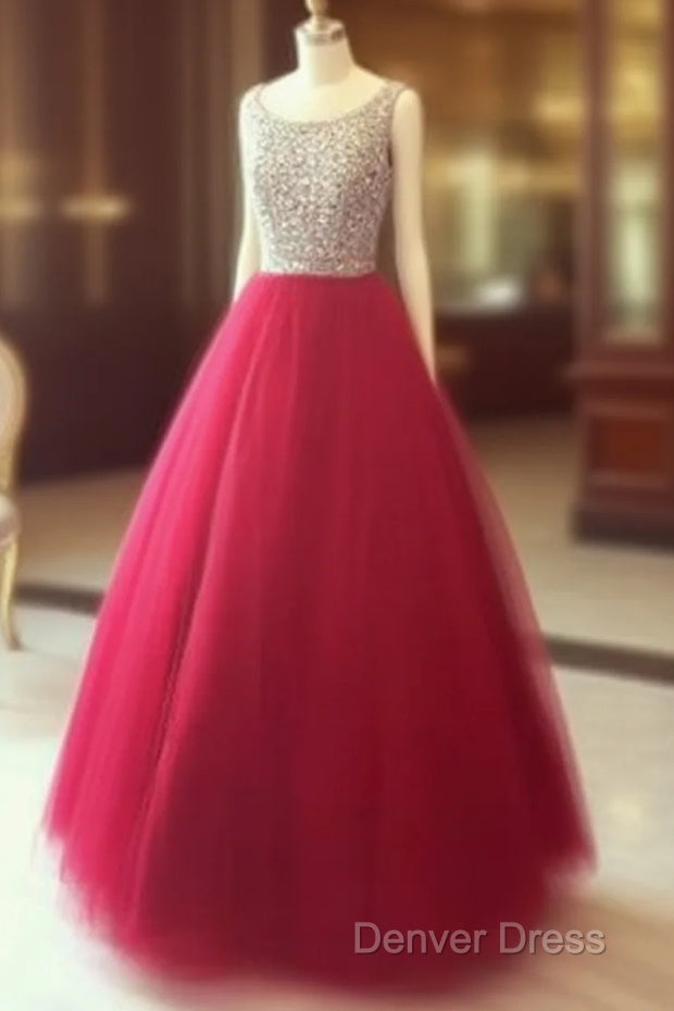 Red Round Neck Tulle Rhinestones Long Prom Dresses, Red Evening Dresses Main image