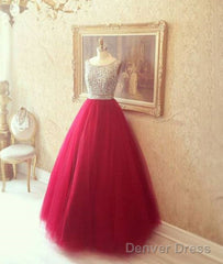 Red Round Neck Tulle Rhinestones Long Prom Dress, Red Evening Dress