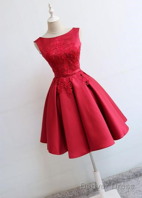 Red Round Neckline Short Satin Prom Dress, Red Prom Dress, Short Homecoming Dresses Main image