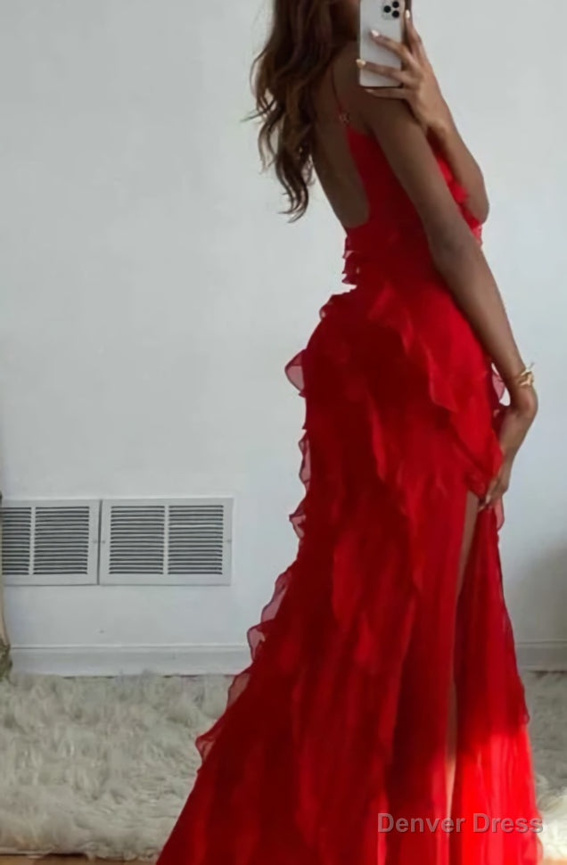 Red Ruffles Long Prom Dress Elegant Prom Dresses