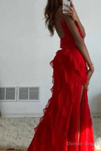 Red Ruffles Long Prom Dress Elegant Prom Dresses Mermaid