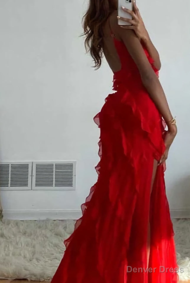 Red Ruffles Long Prom Dress Elegant Prom Dresses Mermaid