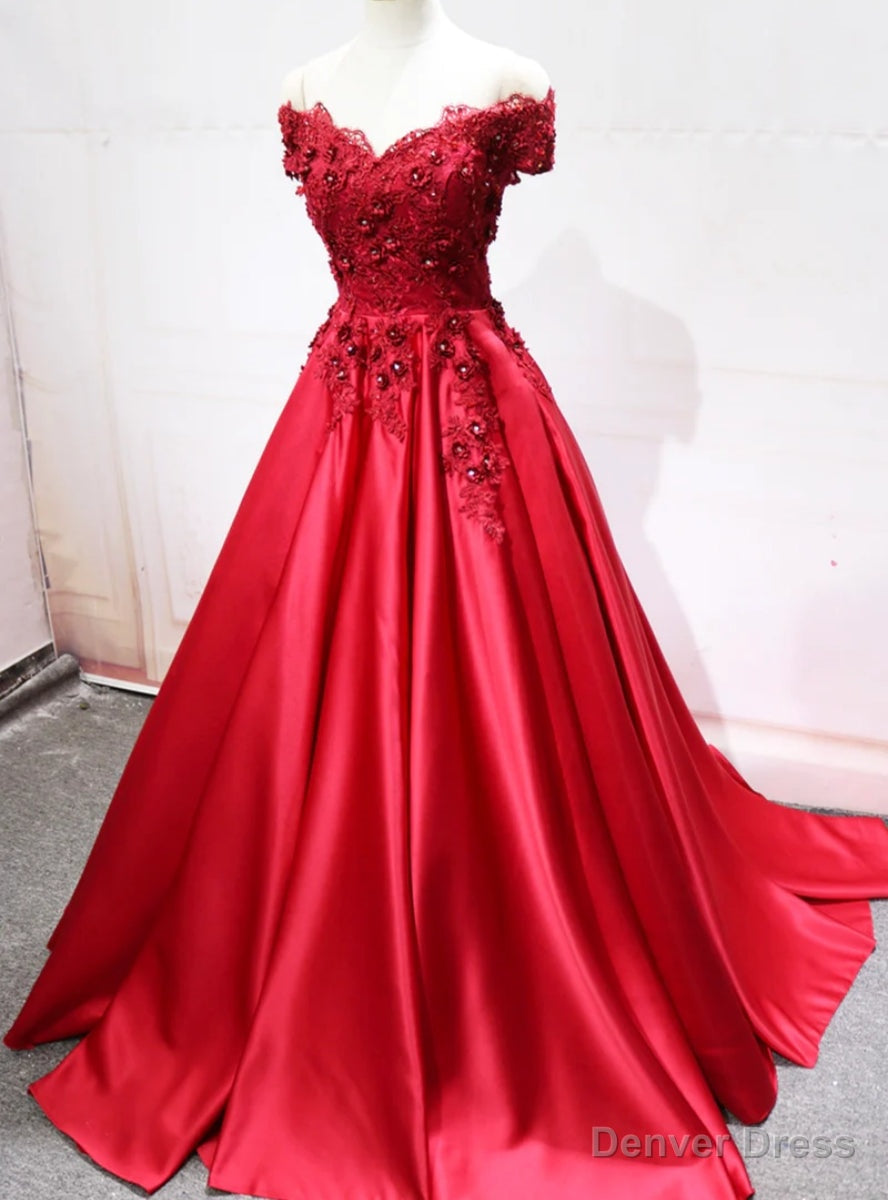 Red Saqtin Off the Shoulder Appliques Prom Dresses Main image