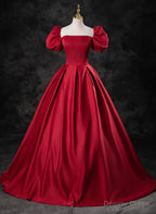 Red Satin A Line Short Sleeves Long Prom Dress, Red Long Prom Dress