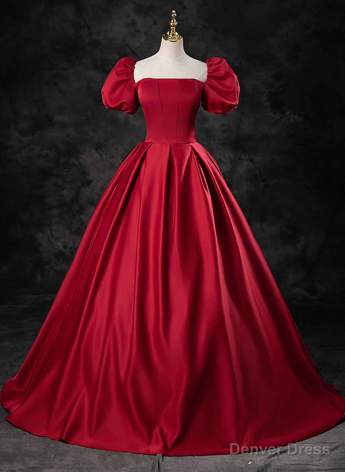 Red Satin A Line Short Sleeves Long Prom Dress, Red Long Prom Dress