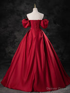 Red Satin A Line Short Sleeves Long Prom Dress, Red Long Prom Dress