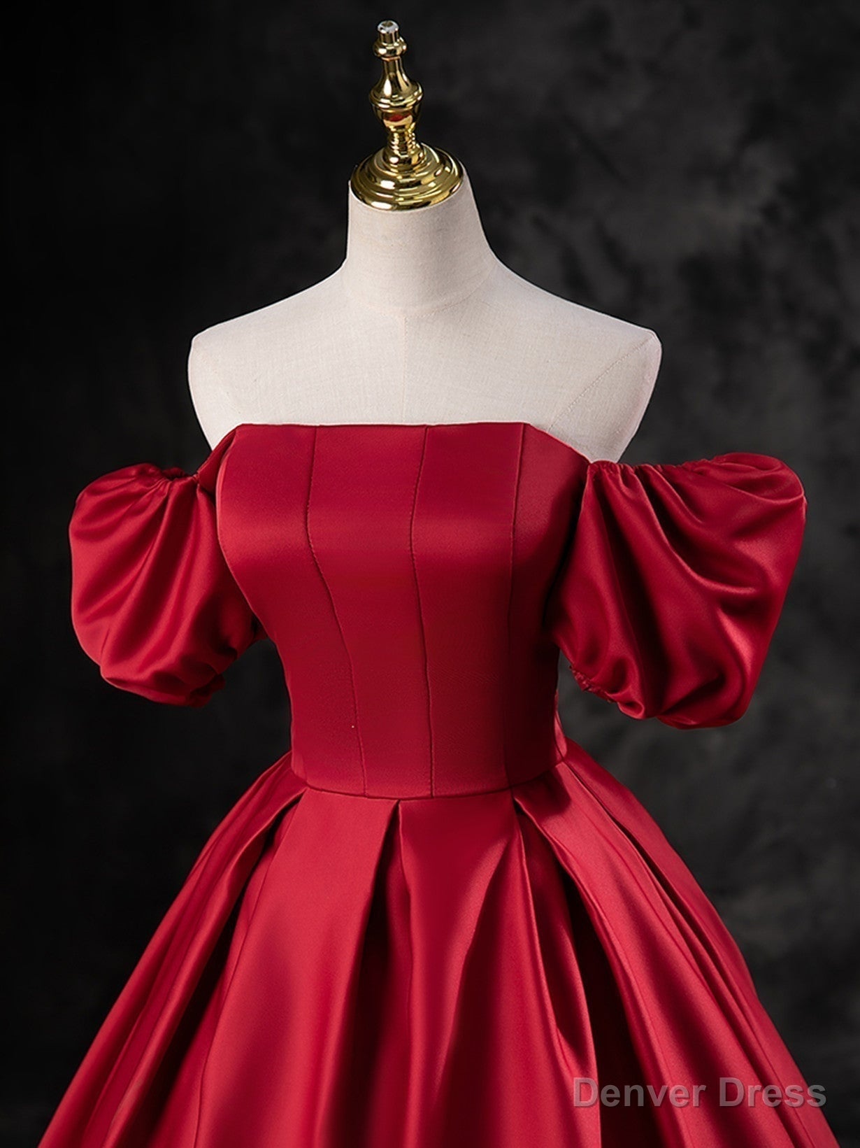 Red Satin A Line Short Sleeves Long Prom Dress, Red Long Prom Dress